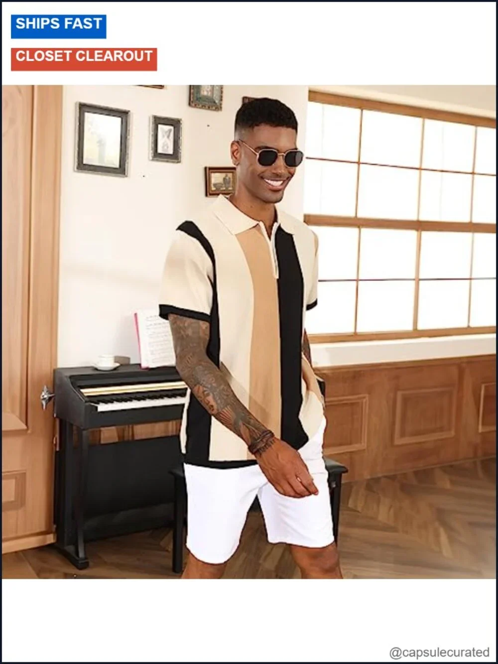 Men's Vintage Striped Polo Shirt Slim Fit Short Sleeve Knit Golf Tops